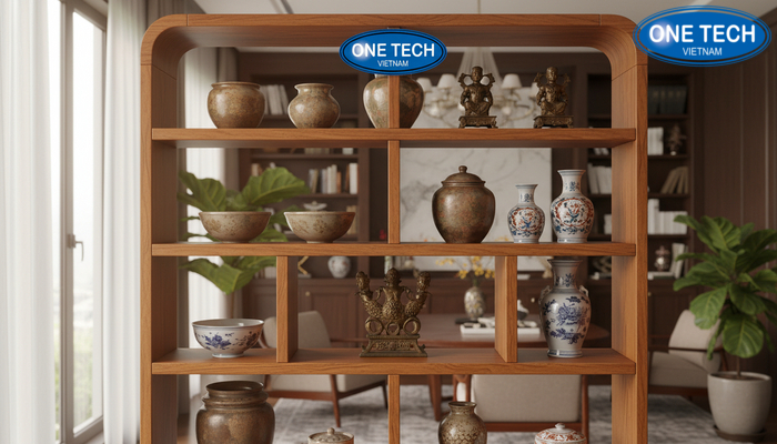 Kệ trưng bày đồ cổ gỗ tự nhiên Kệ trưng bày đồ cổ bằng gỗ tự nhiên tông ấm