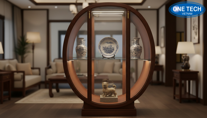 Kệ trưng bày đồ cổ đèn LED Kệ trưng bày đồ cổ tích hợp đèn LED làm nổi chi tiết hiện vật