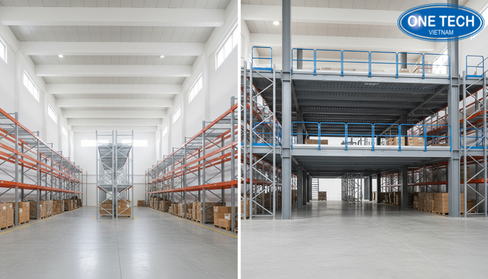 So sánh kho trước và sau khi lắp đặt kệ sàn Mezzanine để tăng diện tích lưu trữ