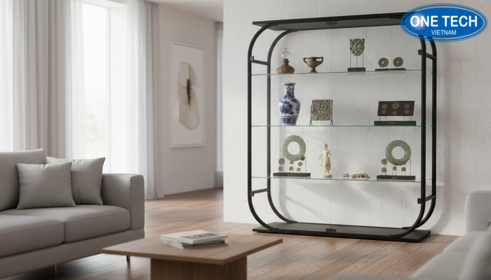 Kệ trưng bày đồ cổ cho phòng khách Không gian phòng khách bố trí kệ trưng bày đồ cổ hài hòa