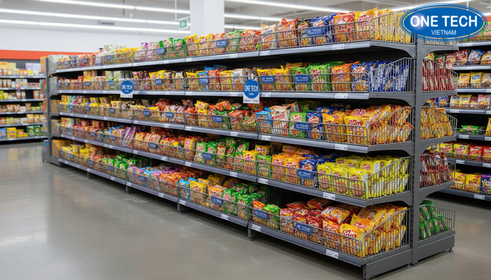 Minh họa kích thước kệ rổ mì phổ biến trong cửa hàng bán lẻ