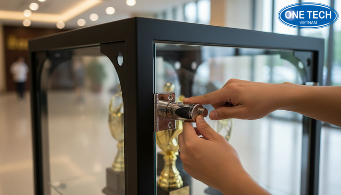 Kiểm tra bản lề và khóa của tủ trưng bày để đảm bảo an toàn