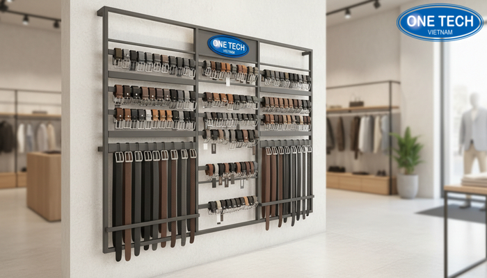 Hình ảnh lắp đặt kệ trưng bày thắt lưng tại cửa hàng thực tế, bố cục gọn và sáng