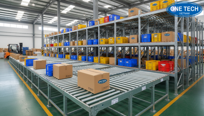 Mẫu kệ con lăn OneTech Group Các mẫu kệ con lăn tiêu biểu với nhiều tầng và nhiều line phù hợp kho Bắc Ninh