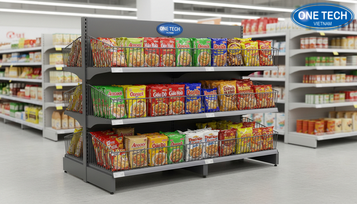 Mẫu kệ rổ mì khung thép sơn tĩnh điện trưng bày thực tế