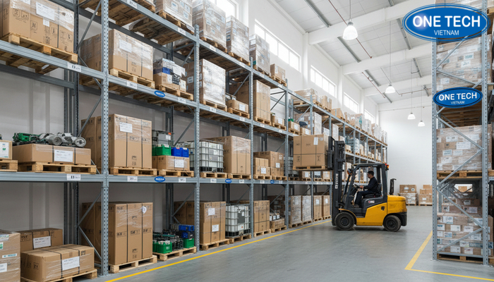 Minh họa xe nâng và càng thò hỗ trợ lấy pallet phía sâu của kệ double deep