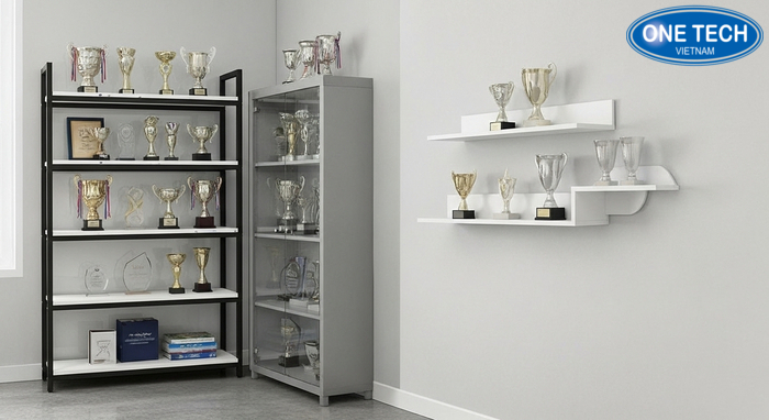 Mô hình các dạng kệ trưng bày cúp phổ biến gồm tủ kính, kệ đứng, kệ treo tường