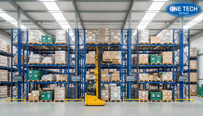 Mô hình kệ selective trong kho hàng, lối đi xe nâng và các tầng pallet