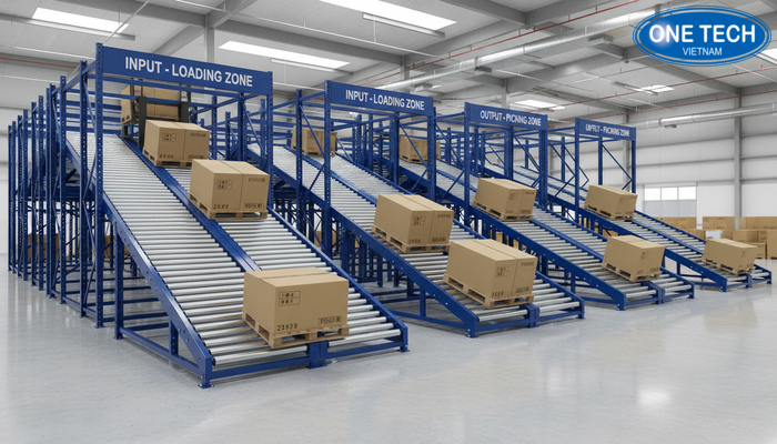 Mô hình lắp đặt kệ con lăn trong kho Mô hình lắp đặt kệ con lăn tiêu chuẩn trong kho với đầu nhập và đầu xuất tách biệt