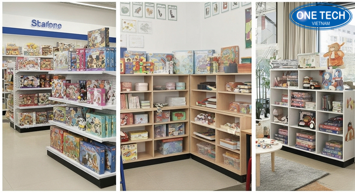 Hình minh họa môi trường dùng kệ đồ chơi trẻ em: cửa hàng, trường học, gia đình