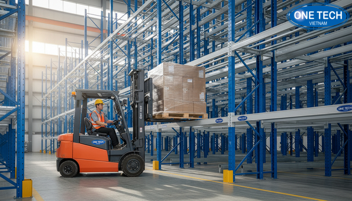 Nghiệm thu vận hành xe nâng chạy vào kệ drive in và đặt pallet đúng ray