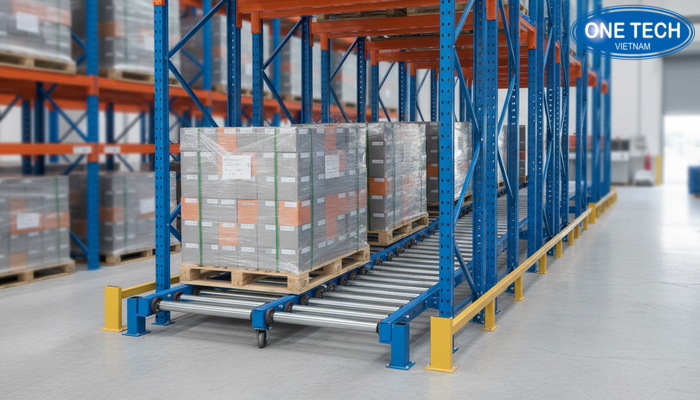 Minh họa nguyên lý ray nghiêng giúp pallet tự trượt khi xuất hàng