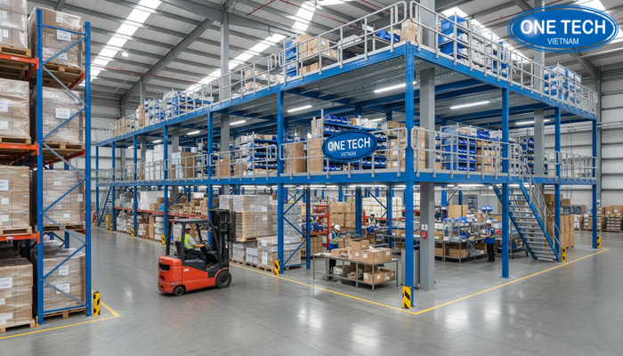 Minh họa phân vùng chức năng từng tầng trong kho dùng kệ sàn Mezzanine
