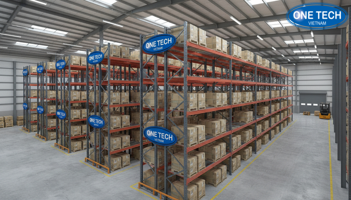 Phối cảnh 3D bố trí kệ Push Back trong kho với lối đi xe nâng