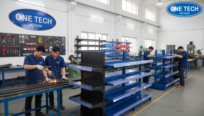 Sản xuất kệ quảng cáo pepsi, coca tại xưởng OneTech Group Quá trình gia công khung kệ và lắp ráp kệ quảng cáo tại xưởng