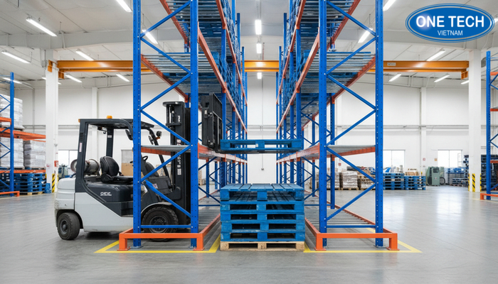 Các bước nhập pallet vào kệ Push Back bằng xe nâng tại mặt trước kệ