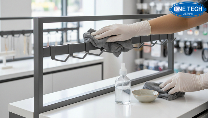Quy trình vệ sinh kệ móc treo phụ kiện bằng khăn mềm và dung dịch nhẹ