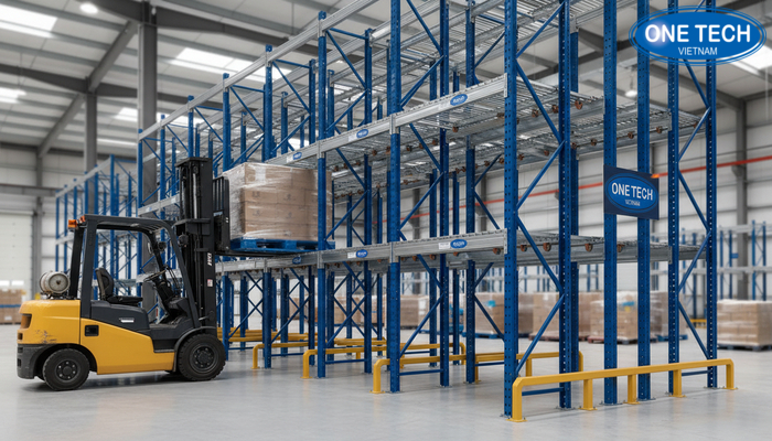 Các bước xuất pallet khỏi kệ Push Back, pallet phía sau tự trượt ra trước