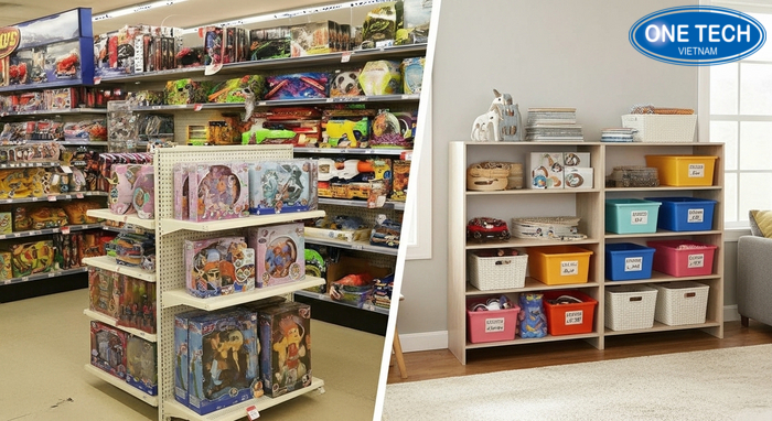 Ví dụ bố trí kệ trưng bày đồ chơi trẻ em trong cửa hàng và góc chơi tại nhà