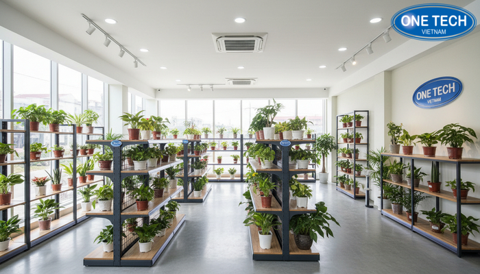 Showroom OneTech Bắc Ninh trưng bày các mẫu kệ trưng bày cây cảnh