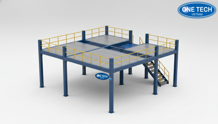 Sơ đồ cấu trúc kệ sàn Mezzanine gồm khung thép, mặt sàn, lan can, cầu thang