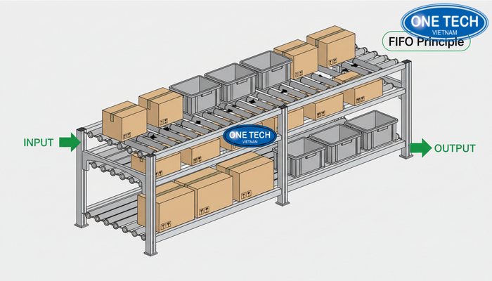 Nguyên lý hoạt động kệ con lăn theo FIFO Sơ đồ nguyên lý kệ con lăn, hàng tự trôi từ đầu nhập sang đầu xuất theo FIFO