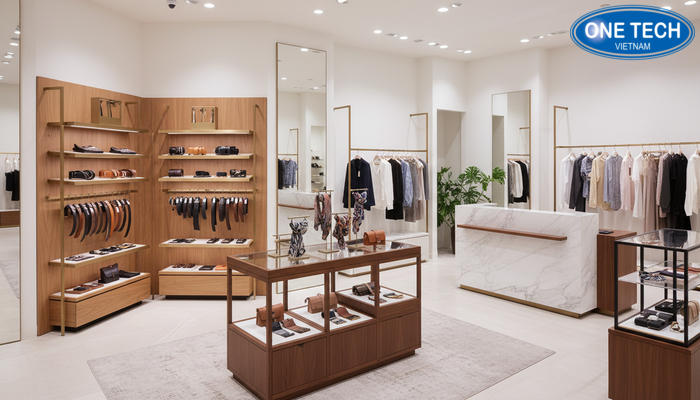 Sơ đồ gợi ý vị trí đặt kệ trưng bày thắt lưng tại góc tường, trung tâm và quầy thu ngân