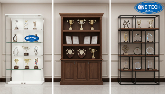 So sánh kệ trưng bày cúp chất liệu kính, gỗ và kim loại