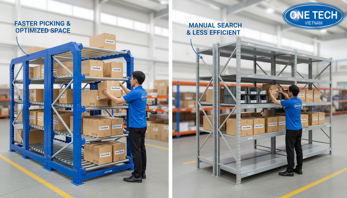 So sánh kệ con lăn với kệ tĩnh So sánh hiệu quả lưu trữ và tốc độ xuất hàng giữa kệ con lăn và kệ tĩnh truyền thống