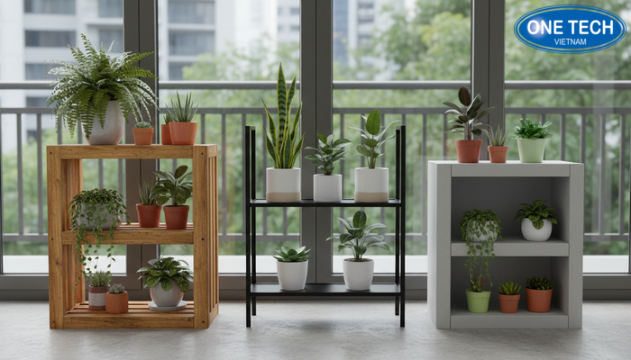So sánh kệ gỗ kệ sắt sơn tĩnh điện và kệ nhựa trưng bày cây cảnh