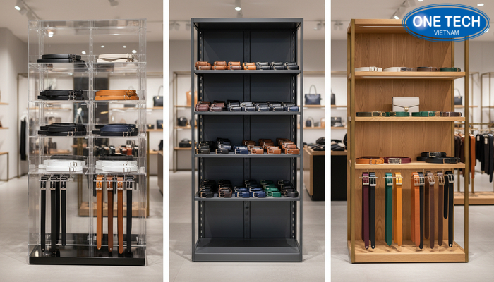 So sánh kệ mica, kệ thép sơn tĩnh điện và kệ gỗ nhiều tầng trưng bày thắt lưng