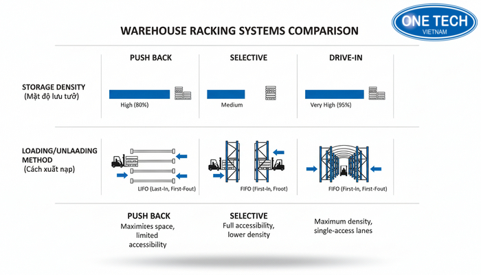 Bảng so sánh trực quan kệ Push Back với kệ selective và kệ drive-in theo mật độ và cách xuất nhập
