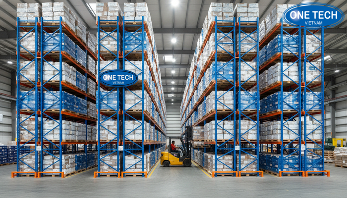 So sánh mật độ lưu trữ giữa kệ drive in và kệ selective theo diện tích lối đi