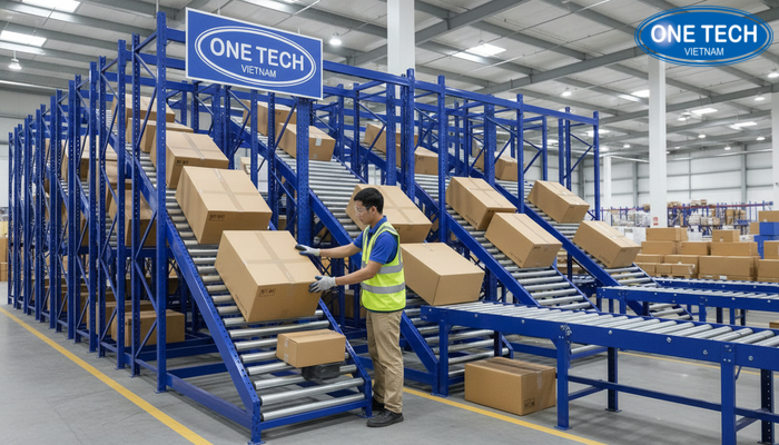 Ứng dụng kệ con lăn trong kho Hình ảnh minh họa kho hàng ứng dụng kệ con lăn để tổ chức FIFO và tăng tốc độ picking