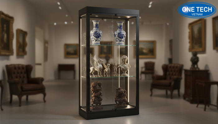 Kệ trưng bày đồ cổ kính cường lực Tủ kính cường lực trưng bày đồ cổ giúp quan sát rõ chi tiết