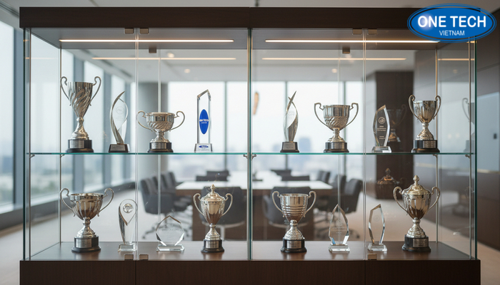 Tủ kính trưng bày cúp có đèn LED hắt sáng làm nổi bật phần thưởng