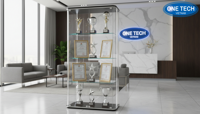 Tủ kính trưng bày cúp và bằng khen tại khu vực lễ tân doanh nghiệp
