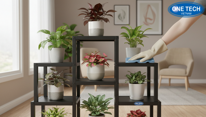 Vệ sinh kệ trưng bày cây cảnh định kỳ giúp tăng độ bền và thẩm mỹ
