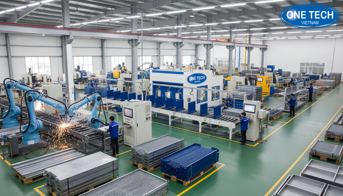 Hình ảnh khu vực sản xuất kệ của OneTech phục vụ các dự án trưng bày