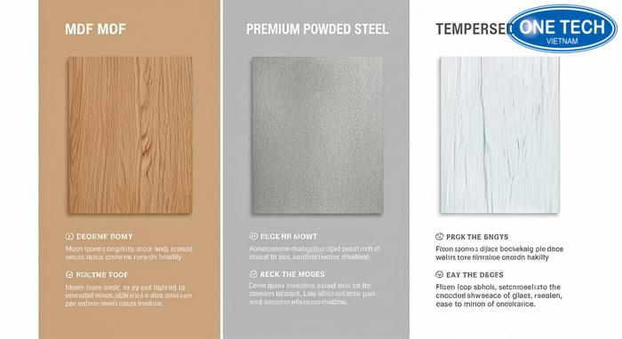 Bảng so sánh vật liệu kệ trưng bày loa gỗ MDF, thép sơn tĩnh điện và kính cường lực