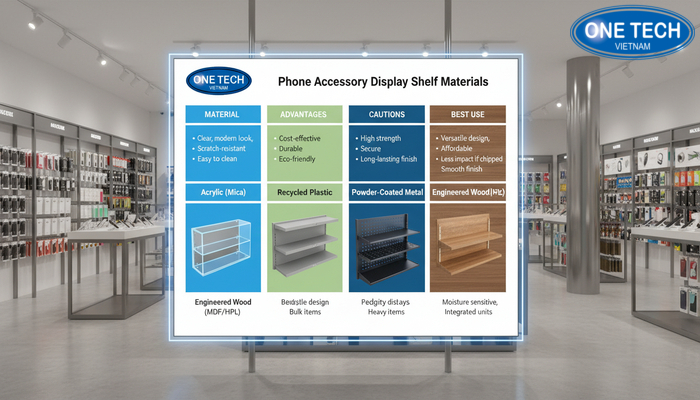 Biểu đồ so sánh chất liệu kệ trưng bày phụ kiện điện thoại