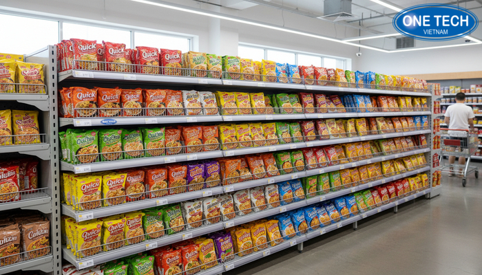 Cách sắp xếp kệ trưng bày mì tôm Bố trí kệ trưng bày mì tôm theo thương hiệu và hương vị