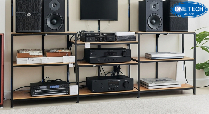Bố trí loa và amply trên kệ trưng bày loa khoa học, dễ thao tác