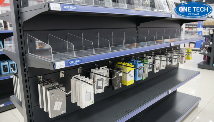 Chi tiết móc treo và khoang chia trên kệ trưng bày phụ kiện điện thoại