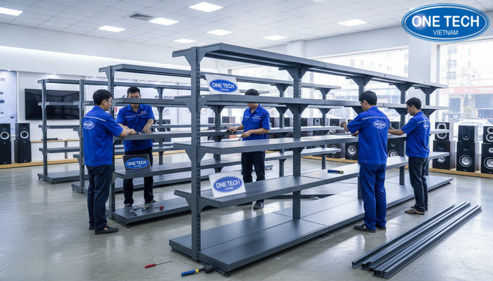 Hình ảnh thi công lắp đặt kệ trưng bày loa thực tế tại Bắc Ninh