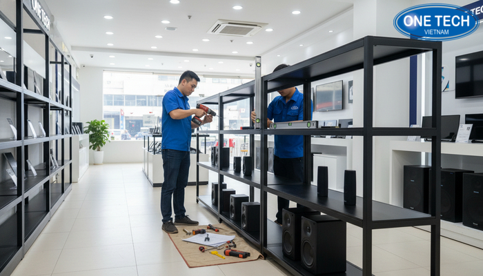 Đội ngũ thi công lắp đặt kệ trưng bày loa chuyên nghiệp tại Bắc Ninh