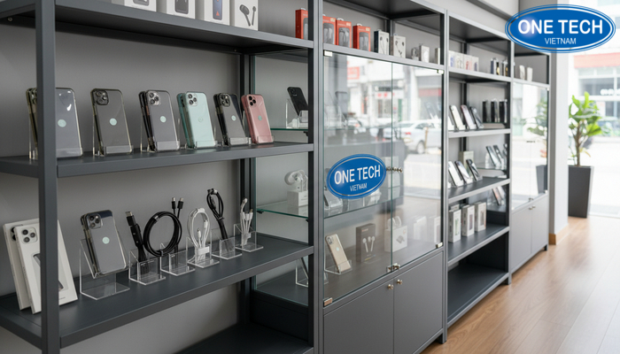 Giải pháp kệ kết hợp tủ kính để trưng bày và bảo quản phụ kiện điện thoại