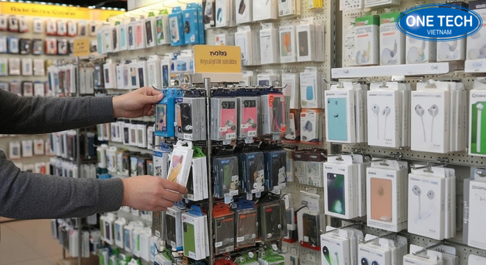 Bước 5 treo thử hàng và cân chỉnh bố cục kệ trưng bày phụ kiện điện thoại