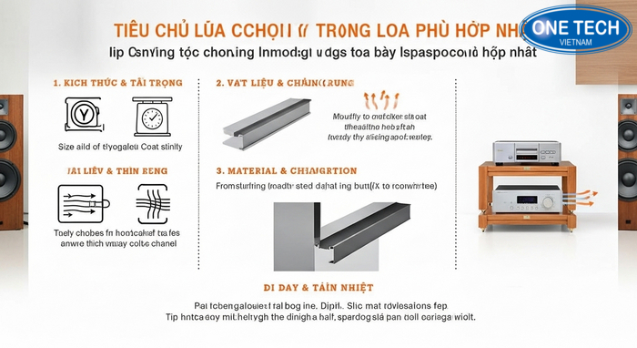 Infographic tiêu chí chọn kệ trưng bày loa theo kích thước, tải trọng, vật liệu, đi dây và tản nhiệt
