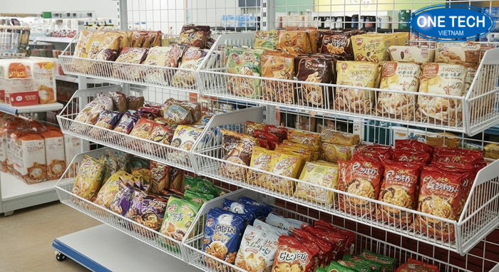 Kệ giỏ mì cho hàng số lượng lớn Kệ giỏ mì trưng bày mì gói số lượng lớn trong cửa hàng tạp hóa